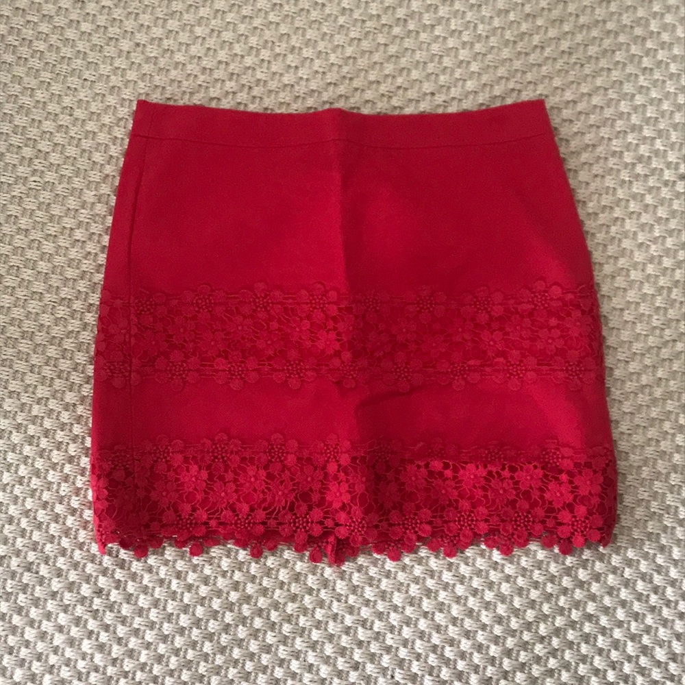 J. Crew Red Pique Skirt with Lace Detail